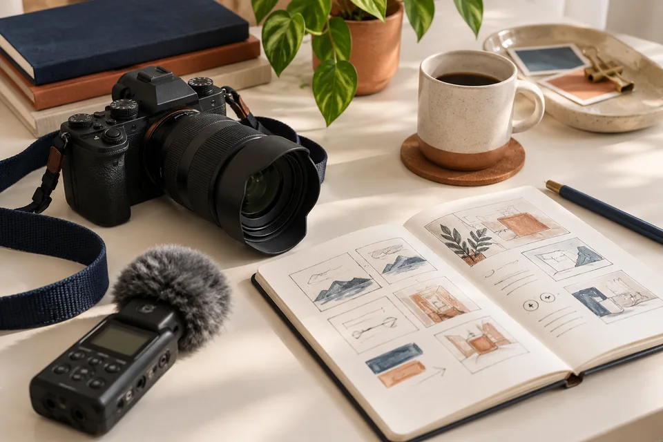 Appareil photo, enregistreur et carnet pour pr&eacute;parer des contenus