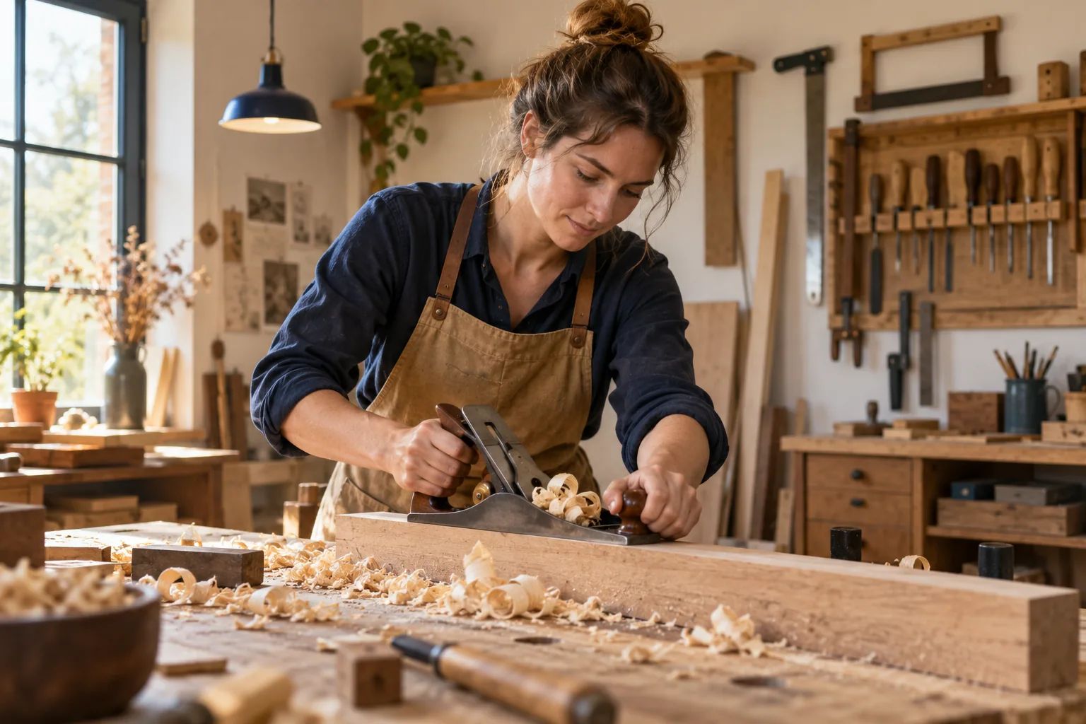 Illustration IA : travail du bois dans un atelier artisanal