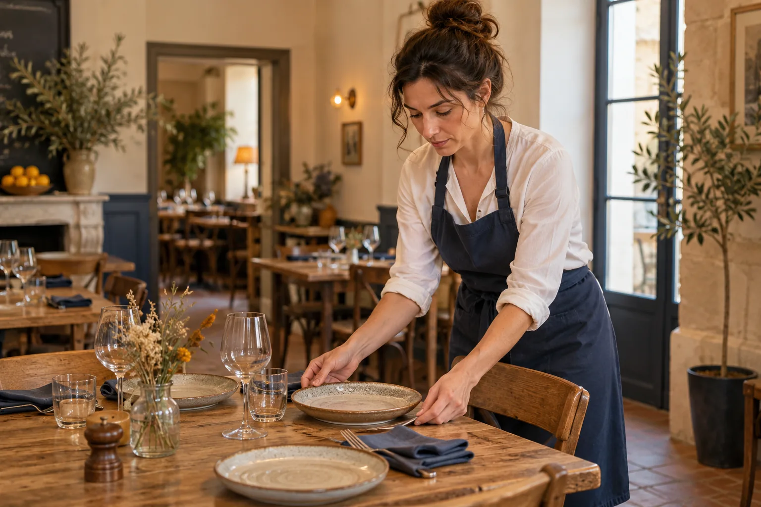 Illustration IA : préparation d’une table dans un restaurant
