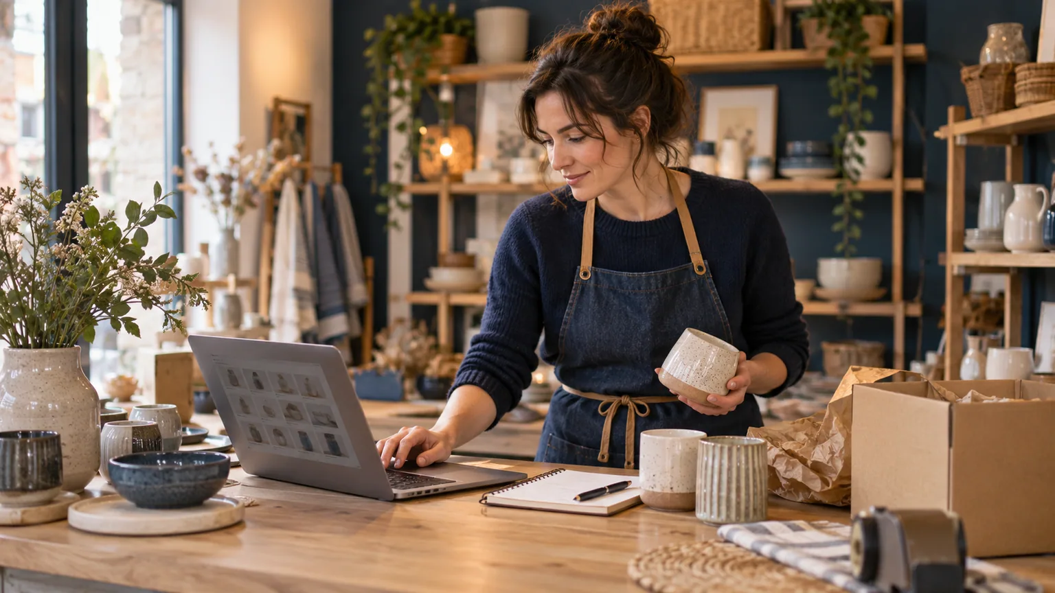 Une commerçante vérifie des références de produits avant leur mise en ligne