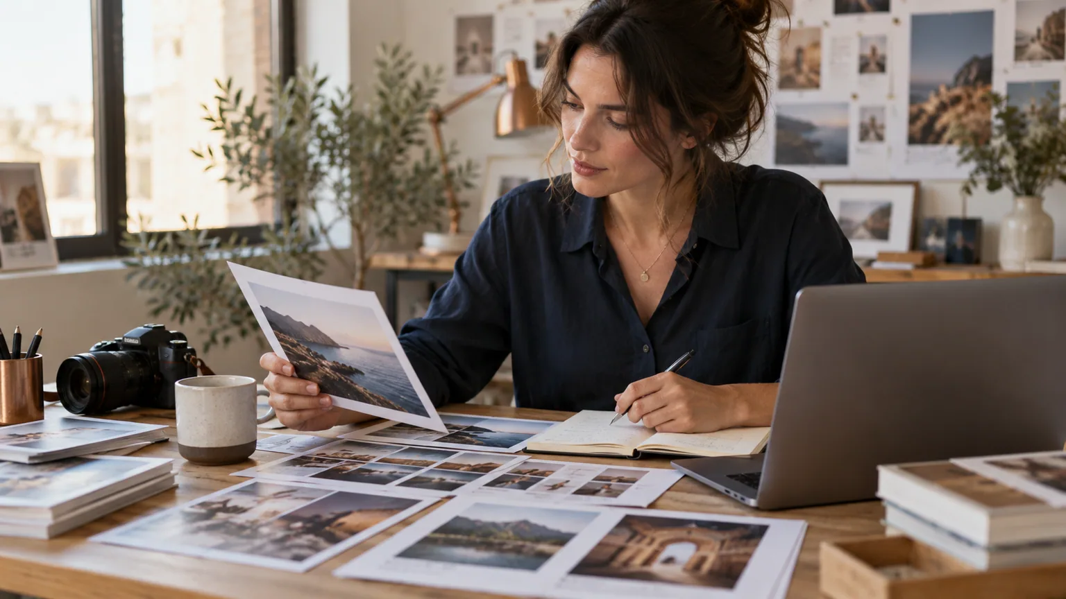 Une rédactrice sélectionne des textes et photographies pour une page web