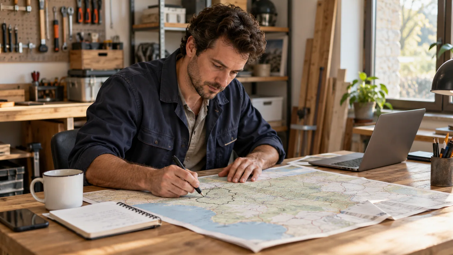 Un artisan prépare sa zone d’intervention avec une carte et un ordinateur