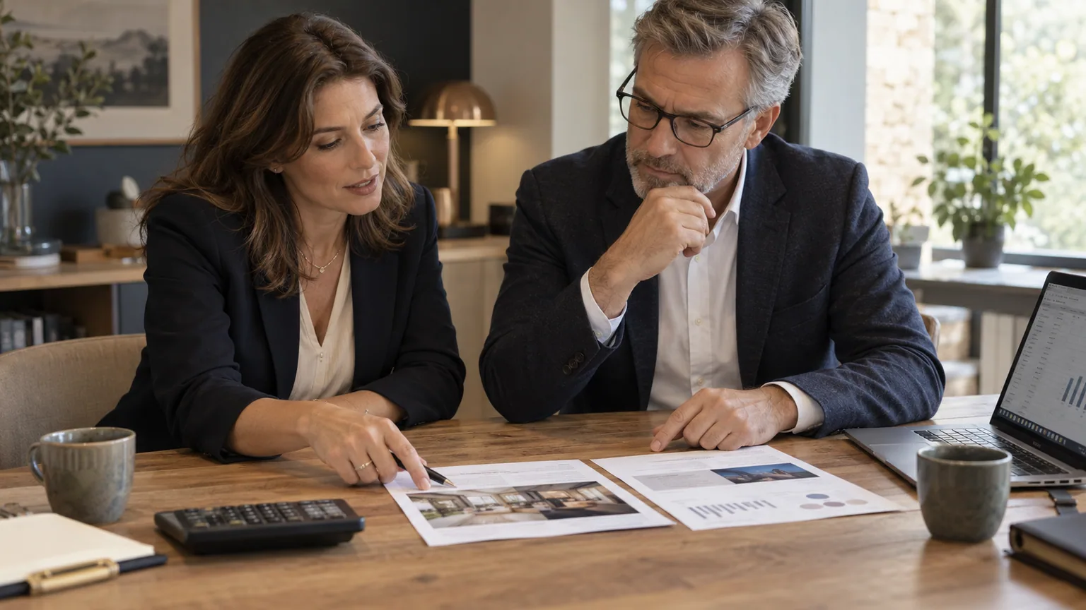 Deux responsables comparent des propositions de projet web à une table