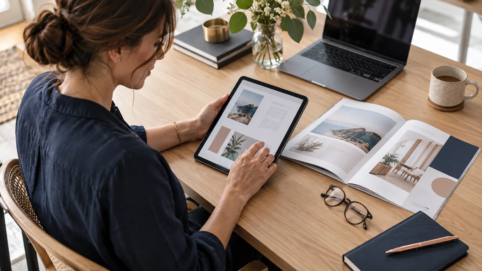 Une éditrice examine un document sur tablette et sa version imprimée