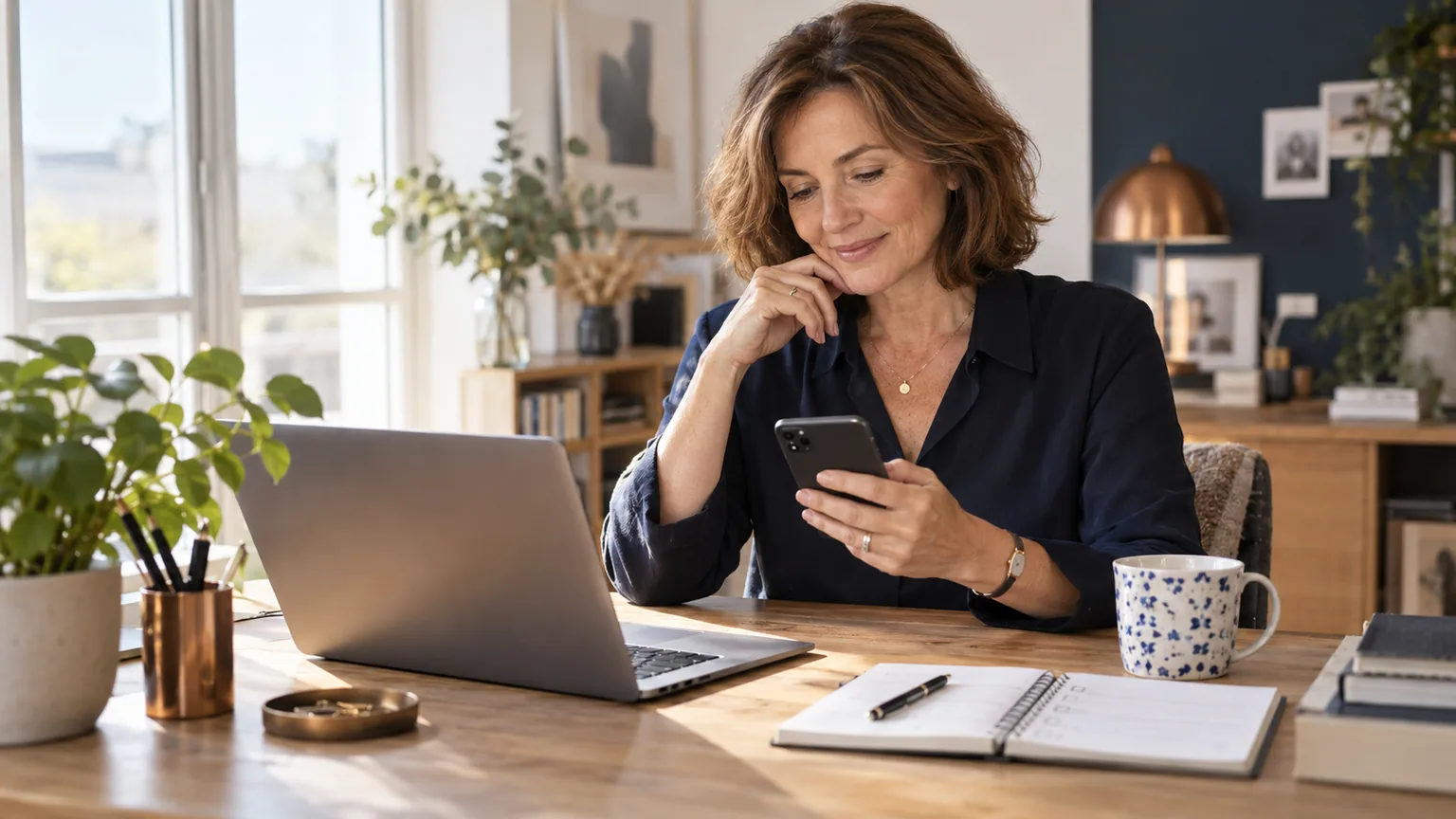 Une responsable contrôle une notification de site dans un espace de travail