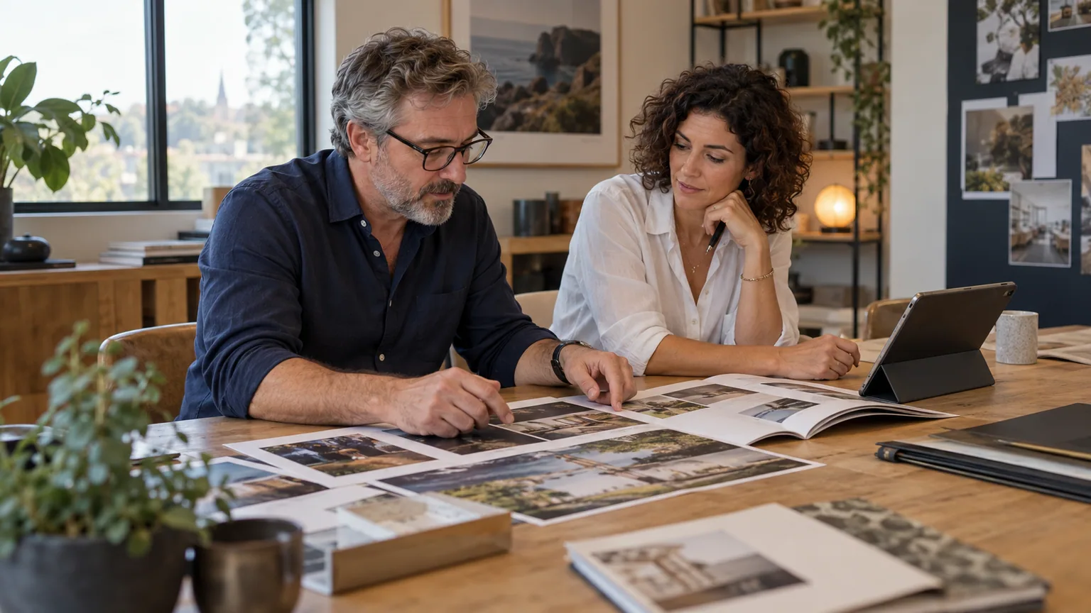 Deux professionnels examinent les documents et images d’un portfolio
