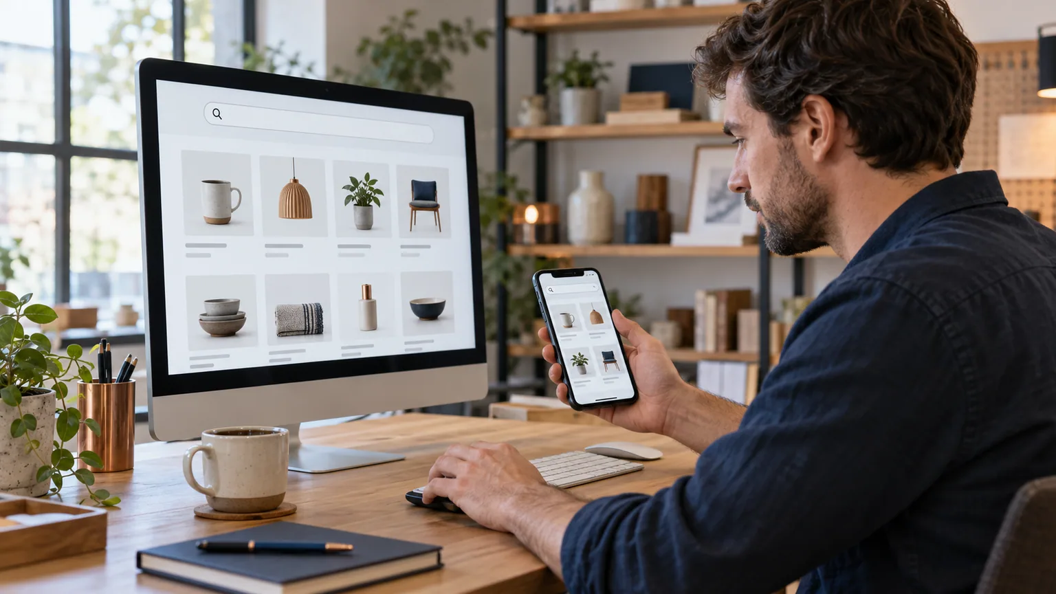 Un responsable de catalogue teste une recherche sur ordinateur et téléphone