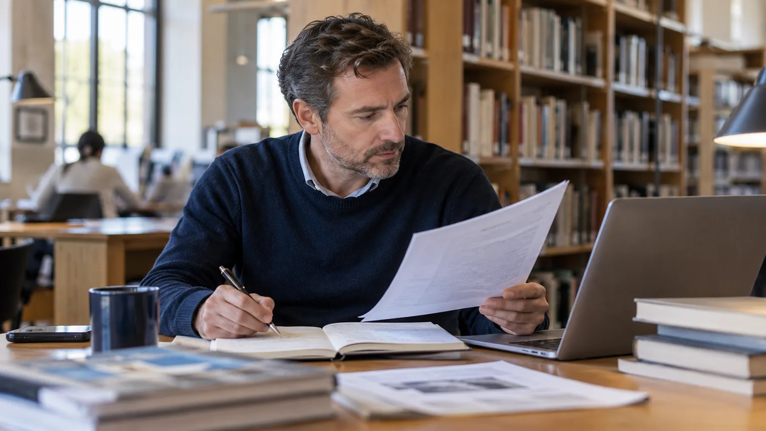 Un rédacteur prépare un article à partir de documents