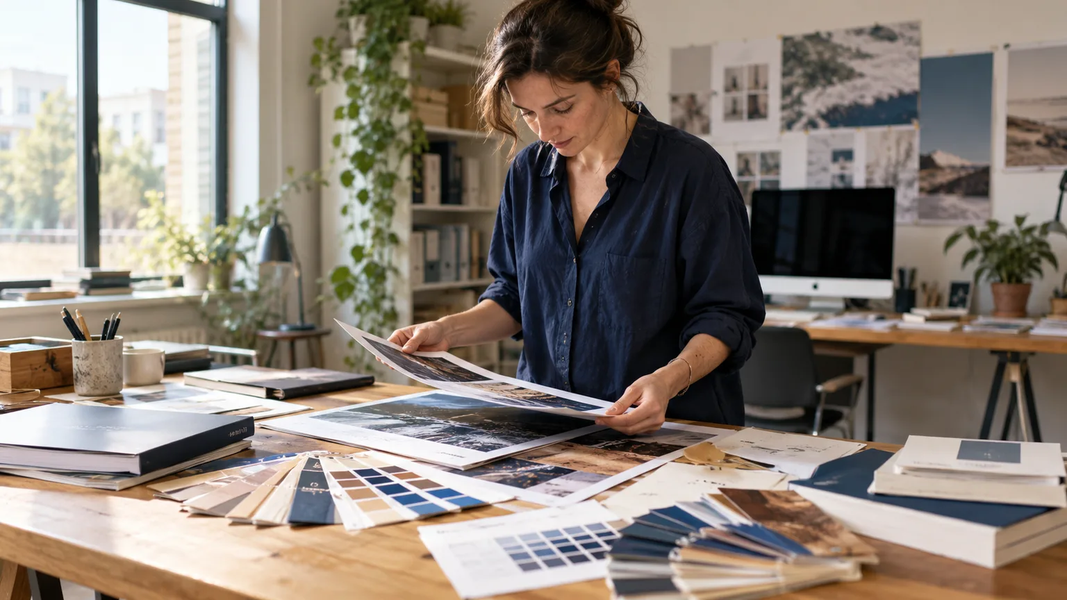 Une graphiste examine des épreuves et des nuanciers