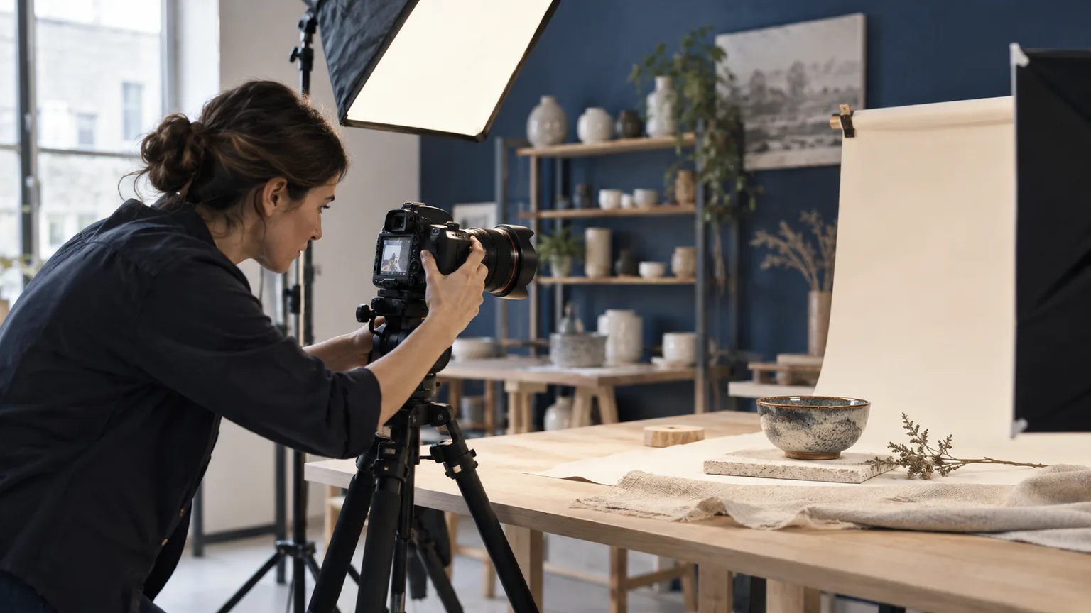 Une photographe prépare une prise de vue en studio