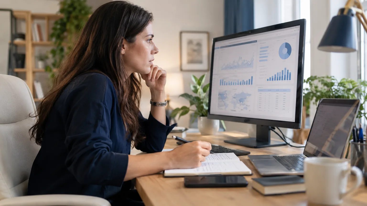 Une spécialiste du référencement analyse des données sur ordinateur