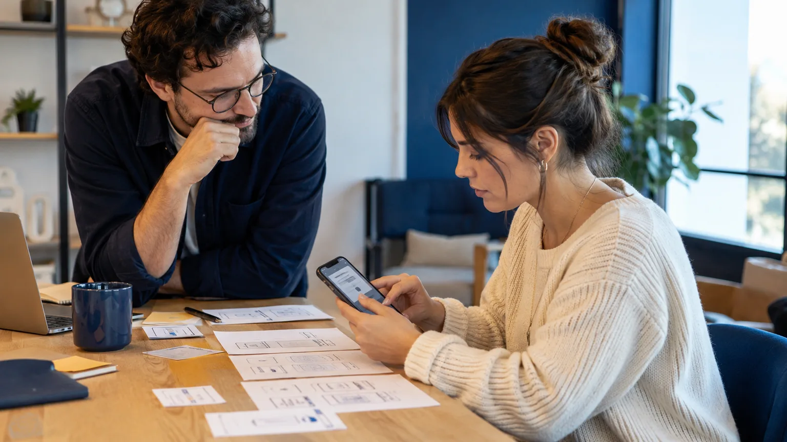 Un designer observe un test de parcours sur téléphone