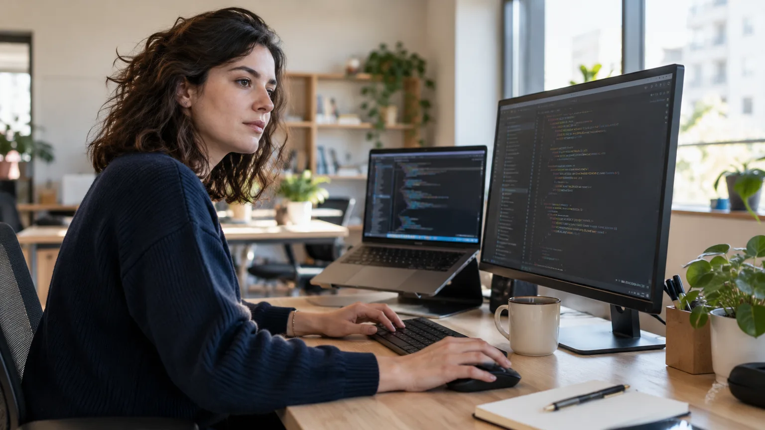 Une développeuse web travaille sur son ordinateur