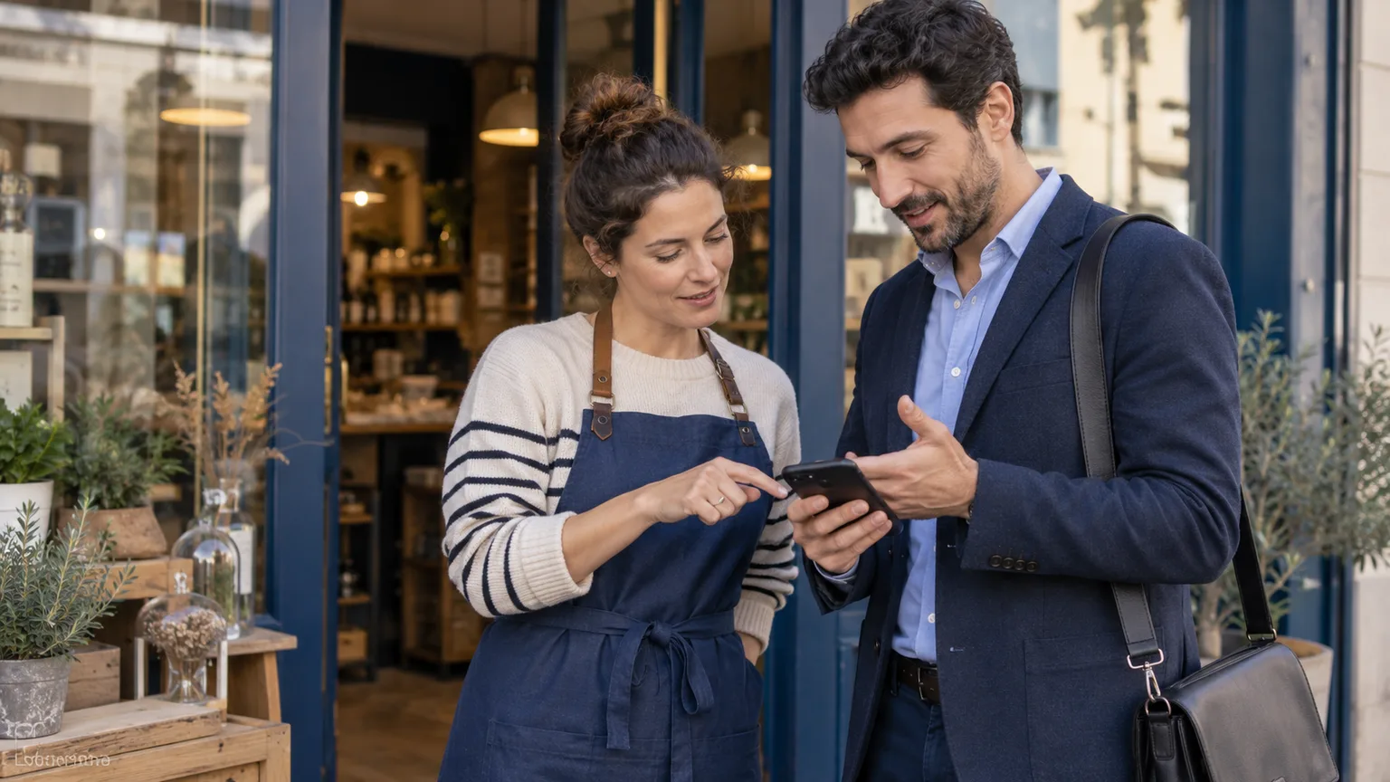 Une commerçante vérifie les informations de sa boutique sur téléphone