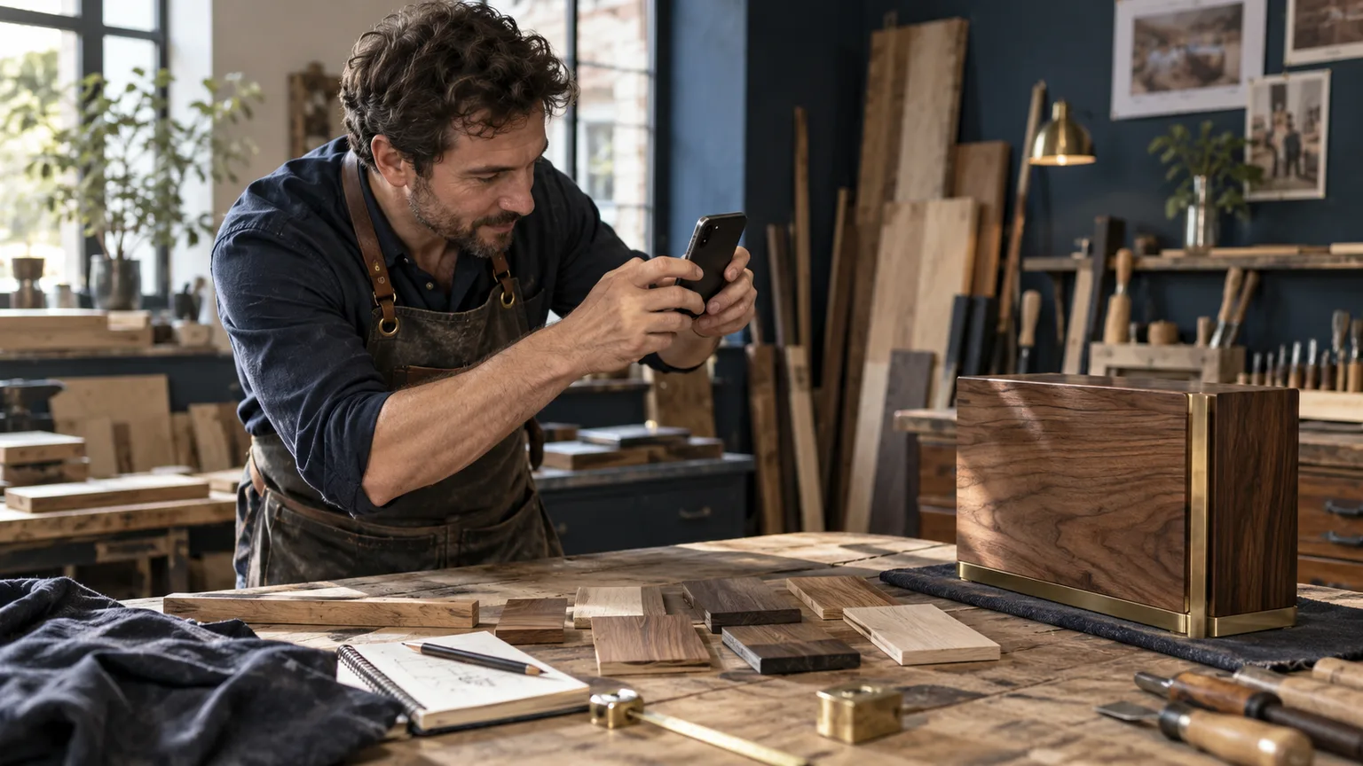 Un artisan prépare les photographies de son travail en atelier