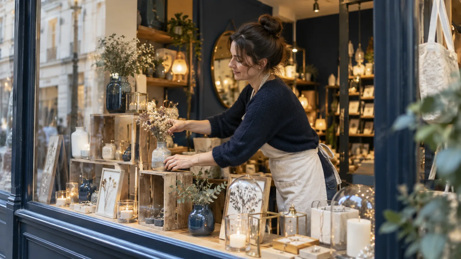 Une commerçante organise la présentation de sa boutique