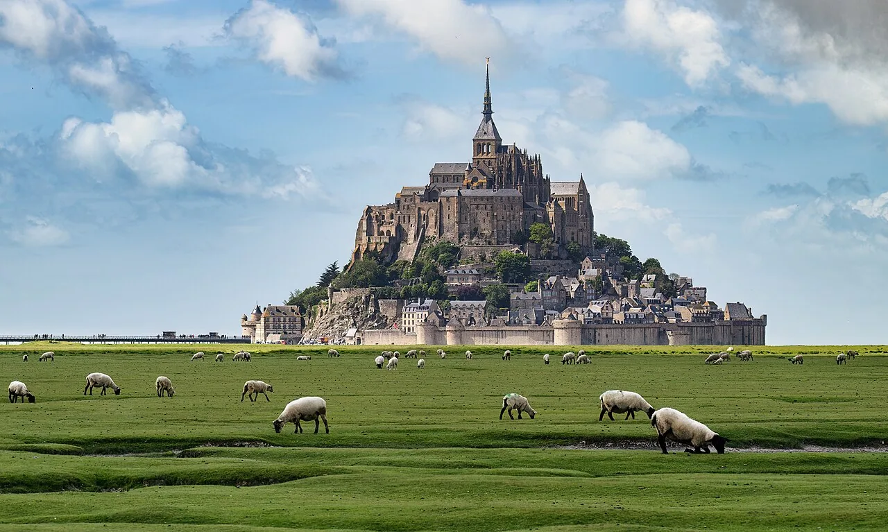 Le Mont-Saint-Michel et des moutons au premier plan