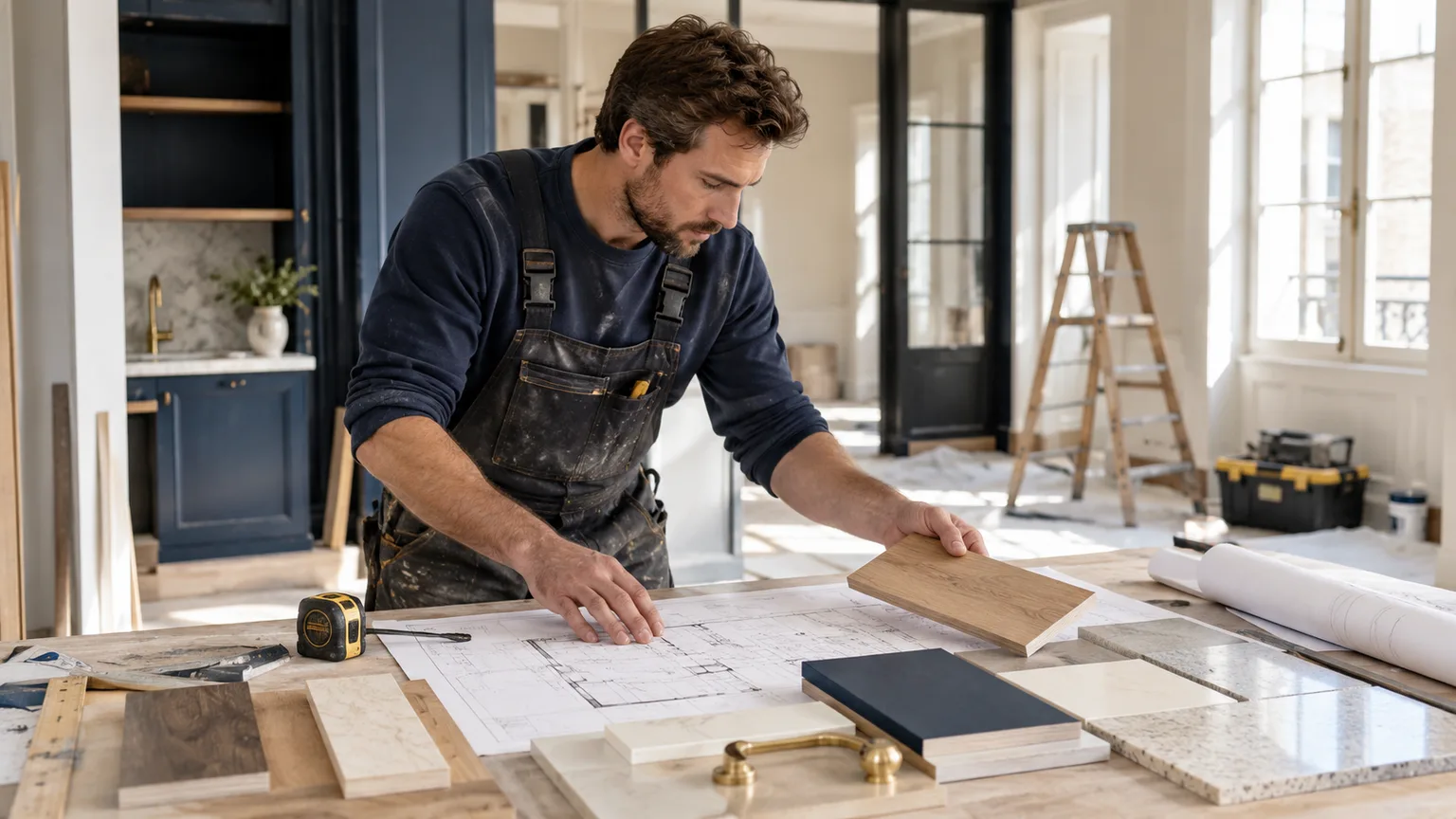 Un artisan prépare une intervention avec plans et échantillons