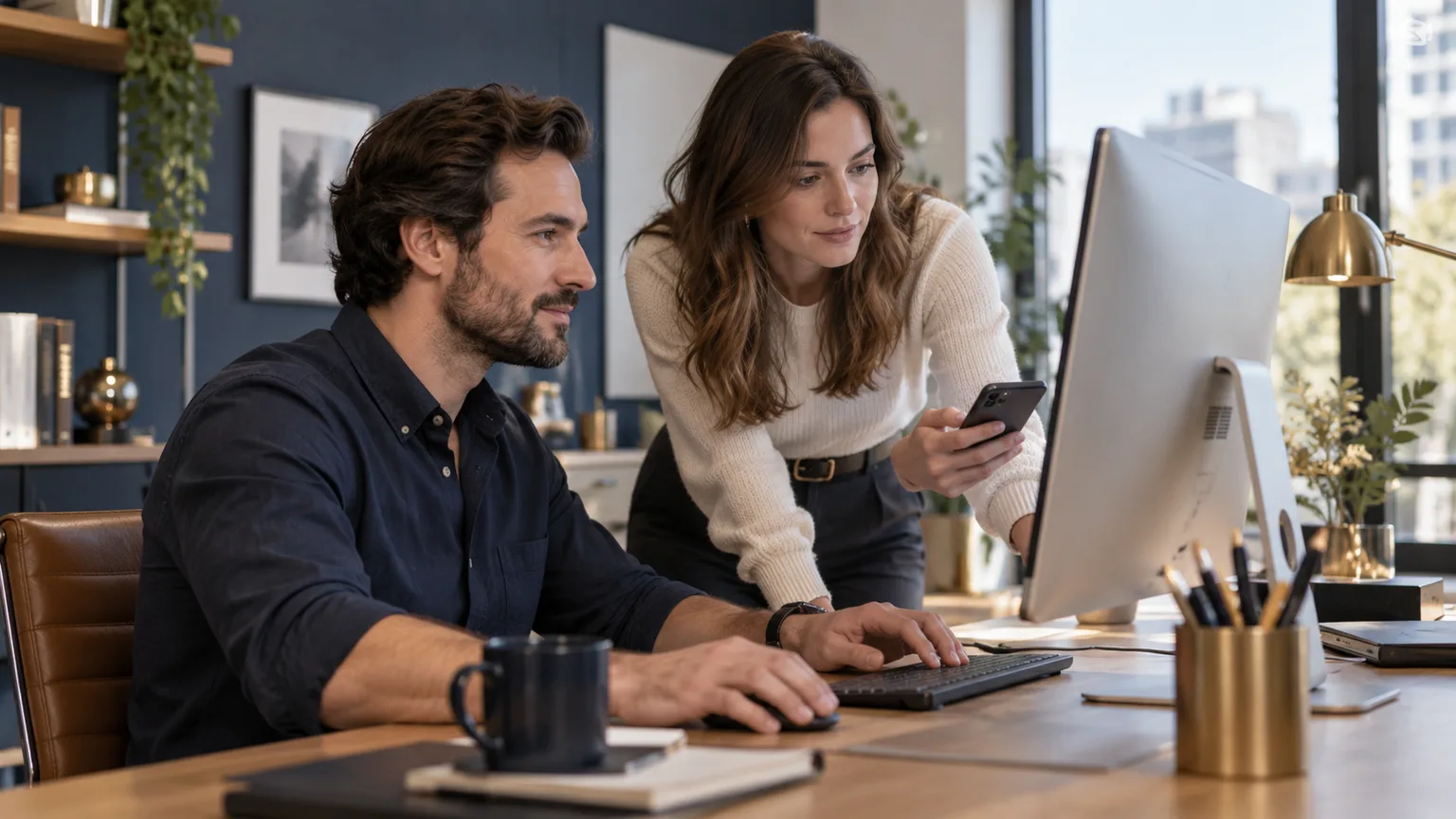 Deux collègues vérifient un parcours web sur plusieurs appareils