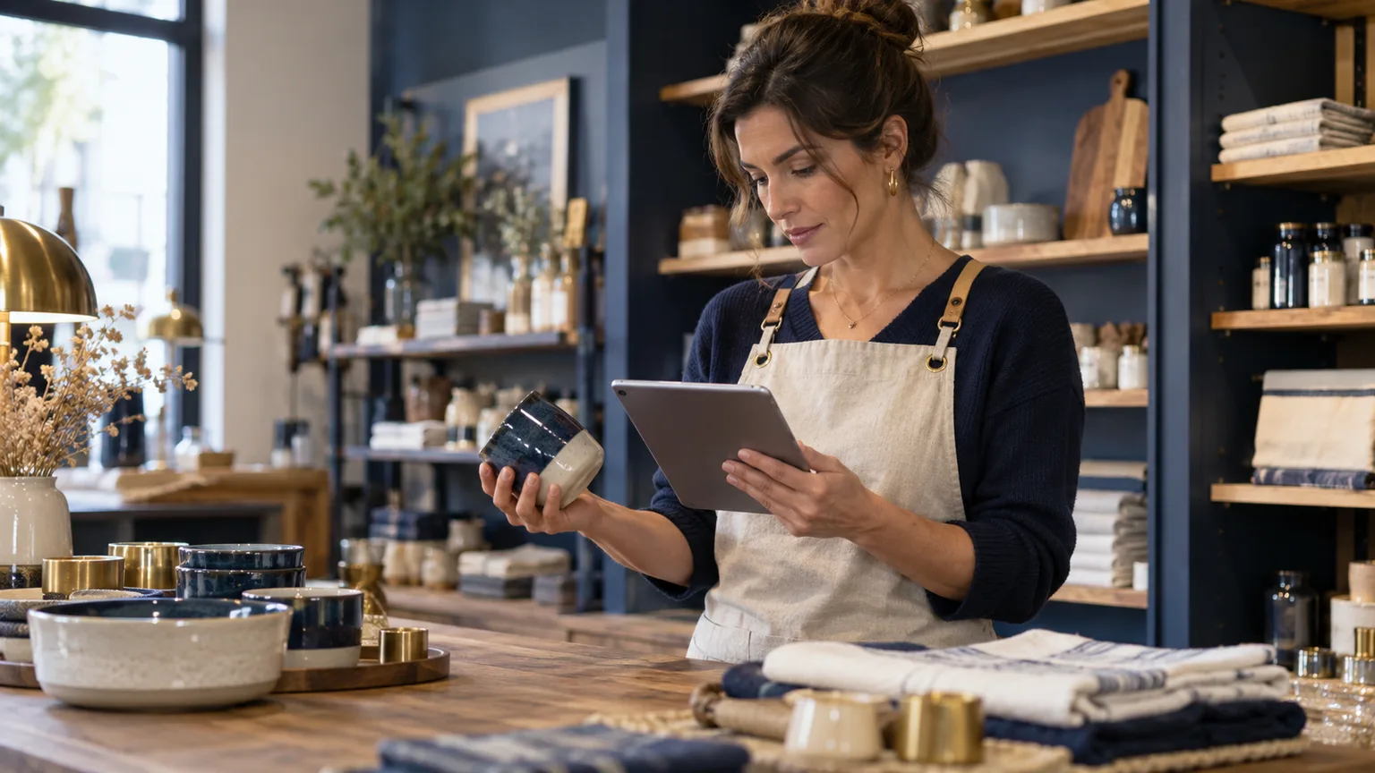 Une commerçante vérifie les informations d’un produit