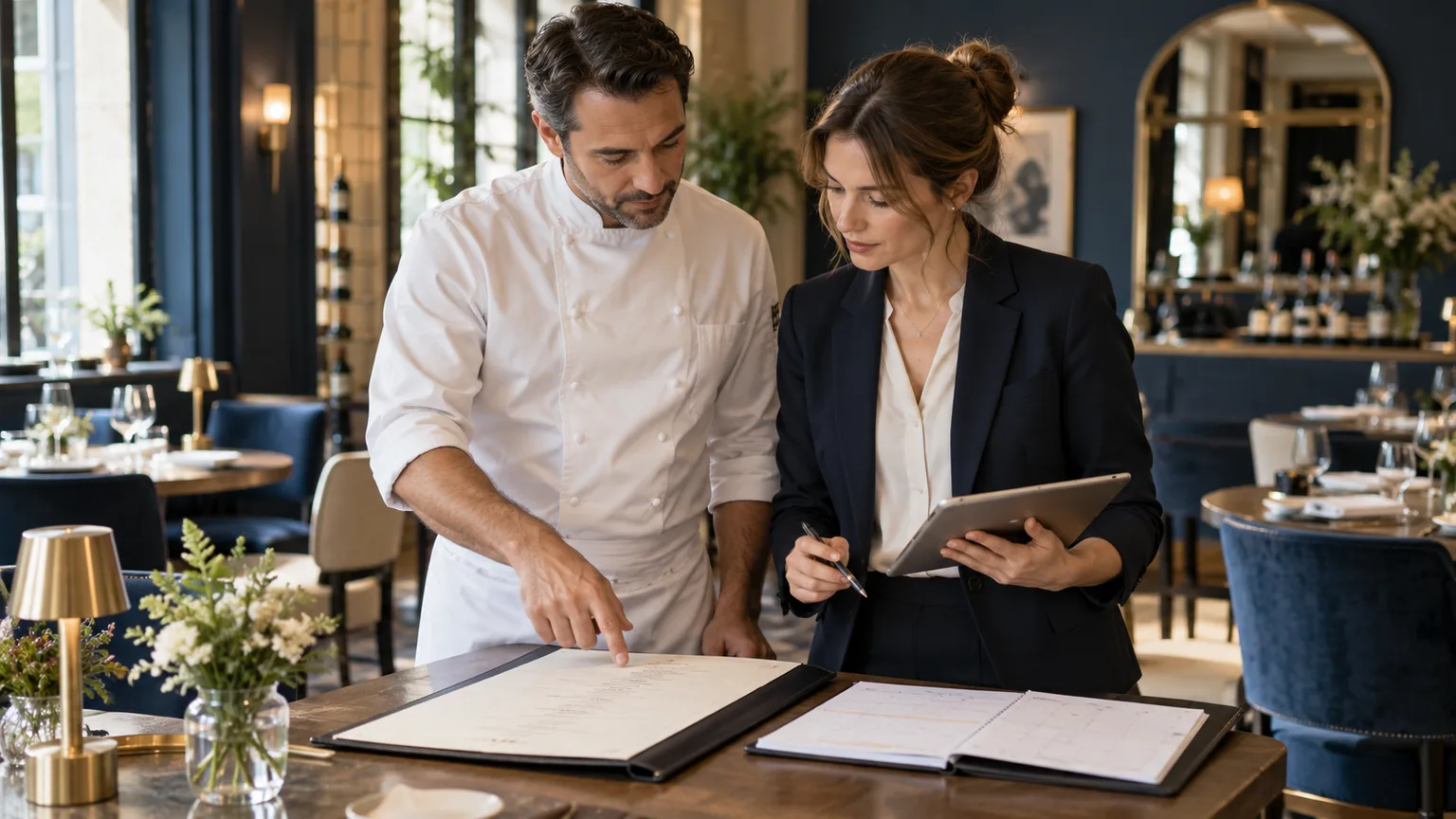 Deux responsables vérifient une carte et un planning de restaurant