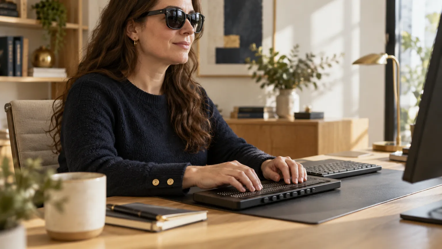 Illustration IA : Une personne fictive utilise un clavier et un afficheur braille pour accéder au web