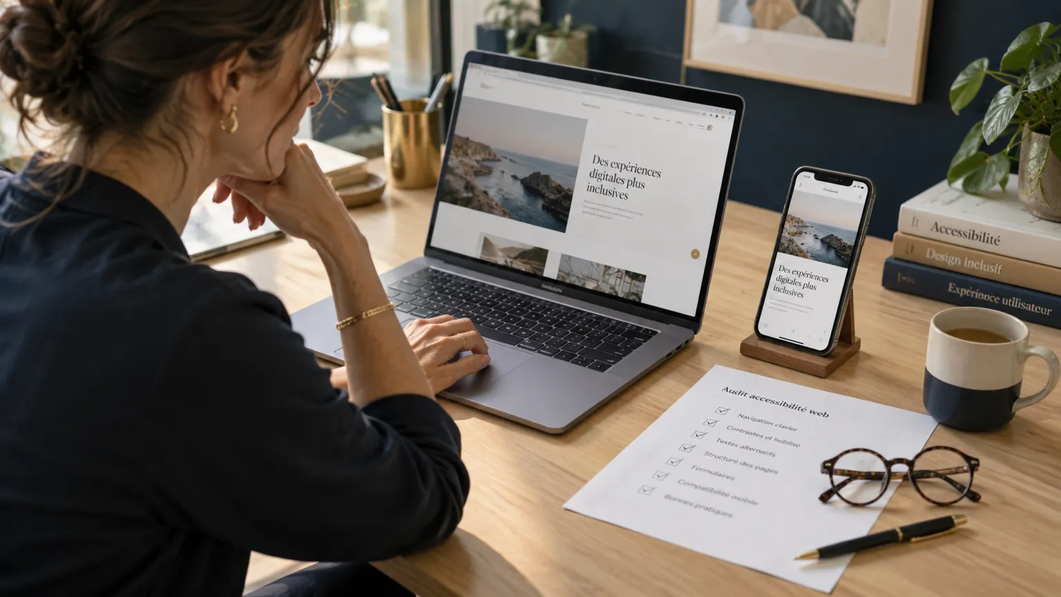 Illustration IA : Une auditrice fictive vérifie un site sur ordinateur et téléphone