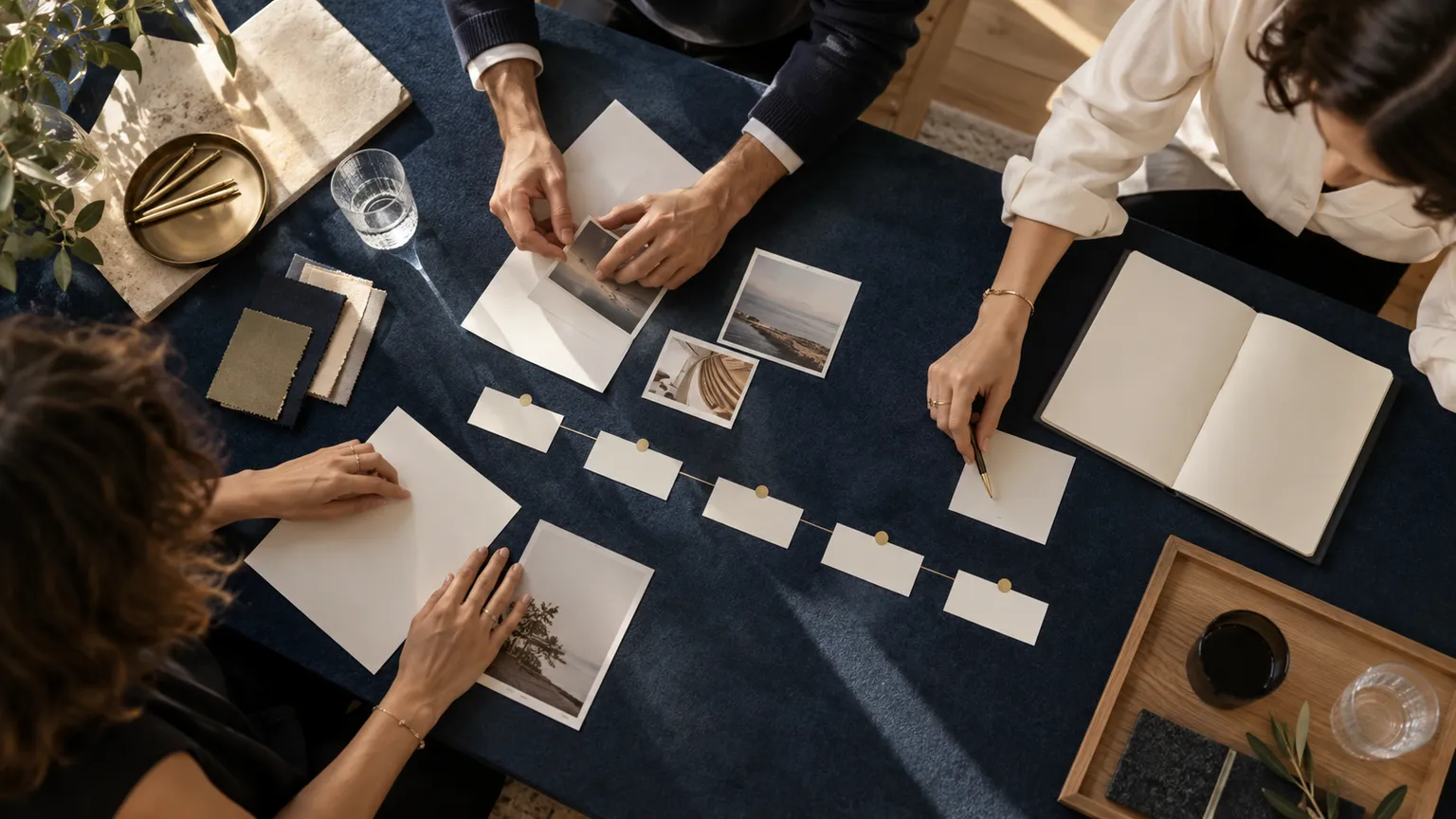 Illustration IA : Des mains organisent les documents d’un cahier des charges fictif