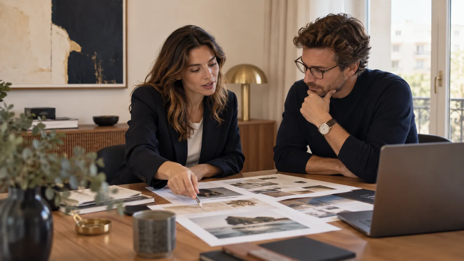 Illustration IA : Deux professionnels fictifs comparent des propositions de réalisation web