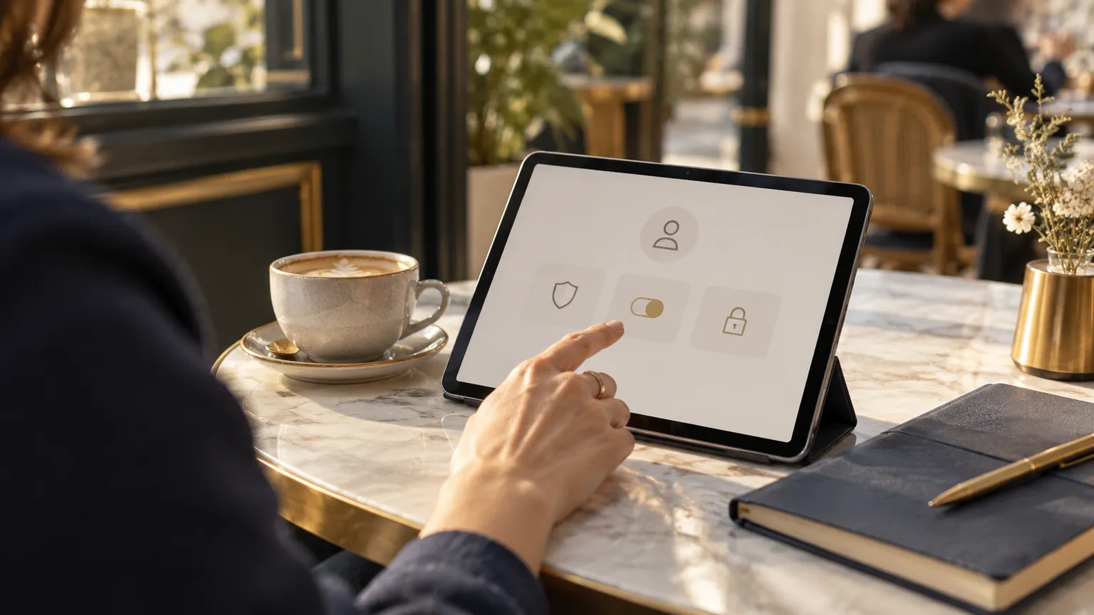 Illustration IA : Une personne fictive examine des préférences de confidentialité sur tablette