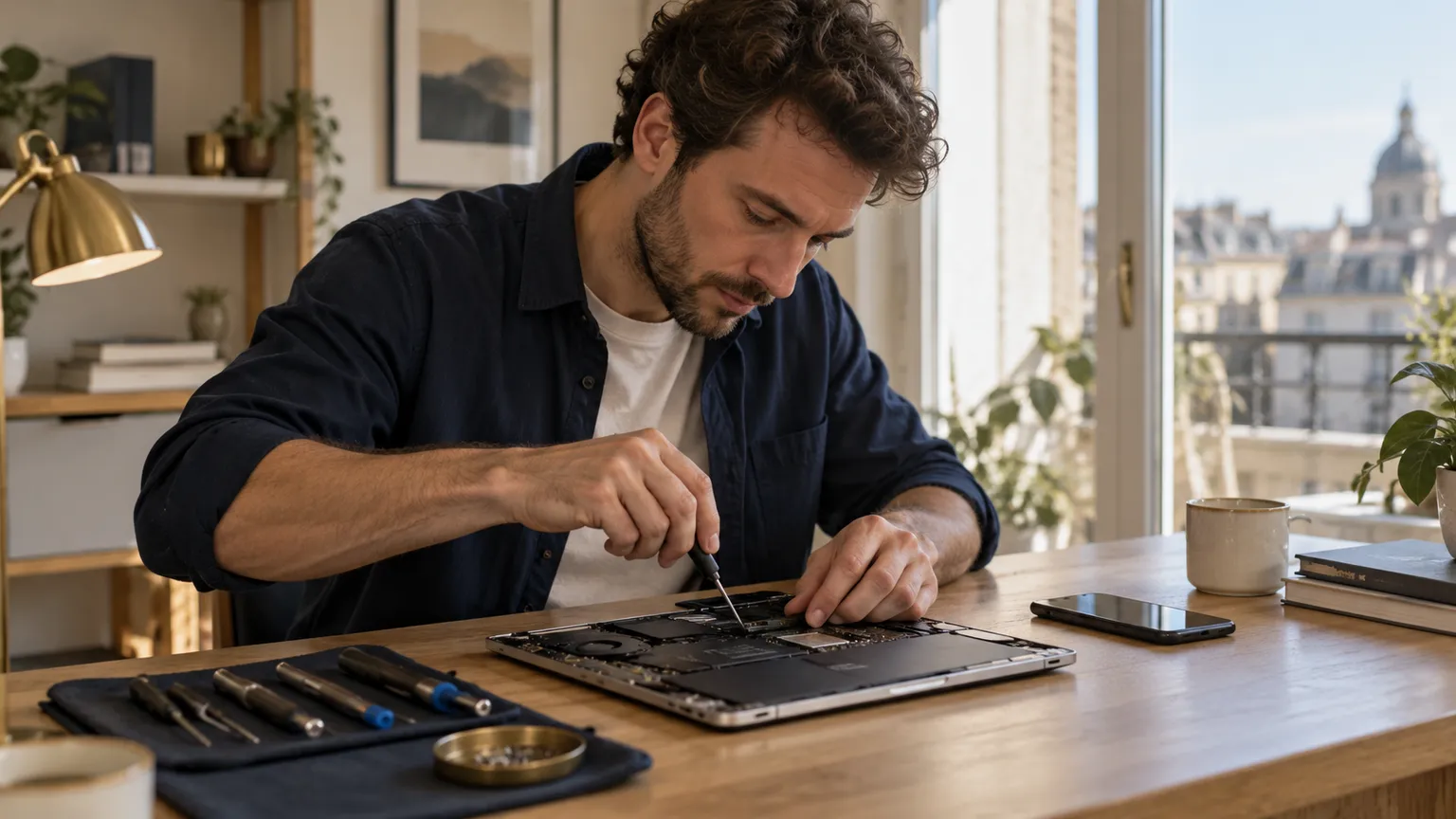 Illustration IA : Un technicien fictif entretient un ordinateur et teste un téléphone ancien