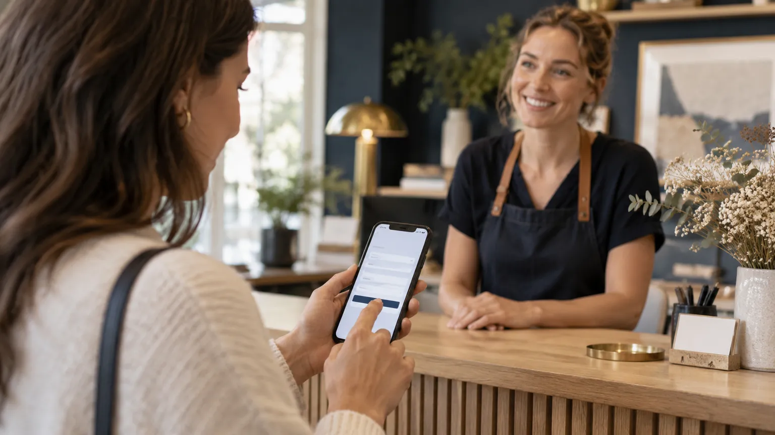 Illustration IA : Une personne fictive consulte un formulaire de contact sur son téléphone