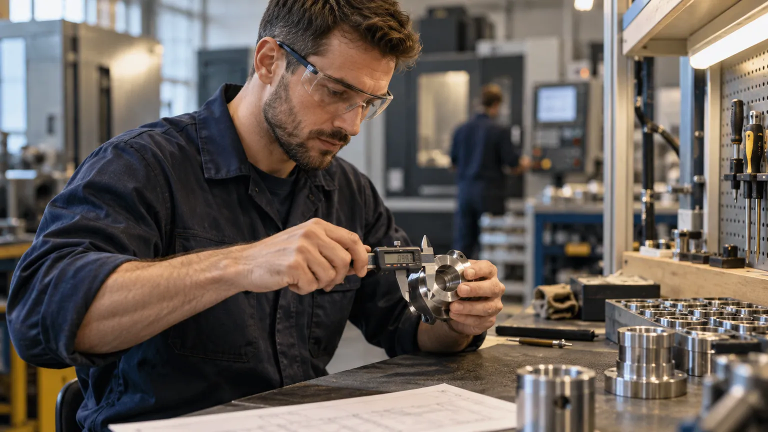 Illustration IA : Un technicien fictif mesure une pièce dans un atelier industriel