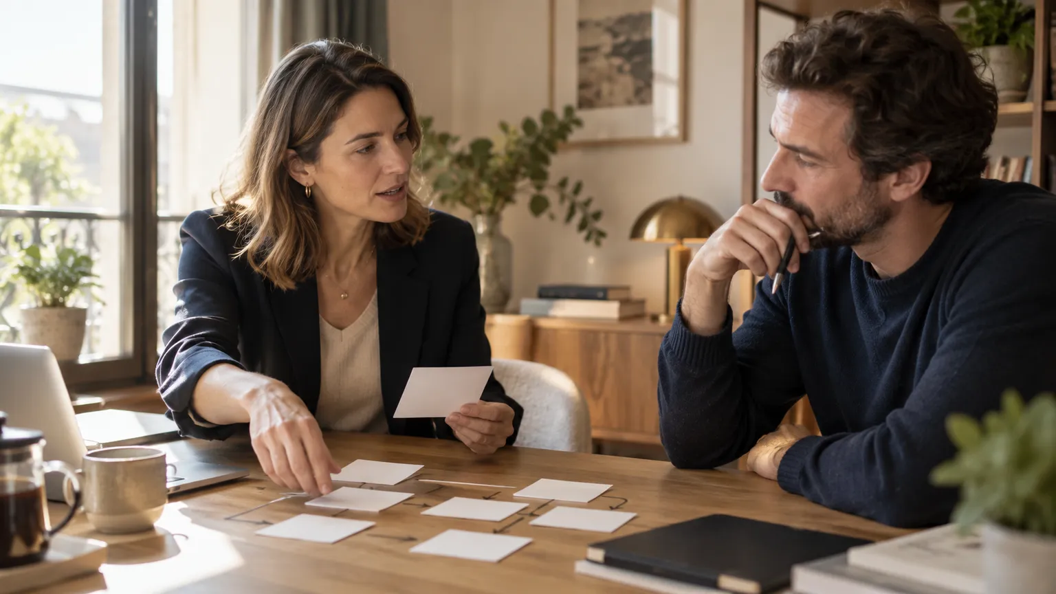 Illustration IA : Une consultante fictive présente une méthode à un client fictif