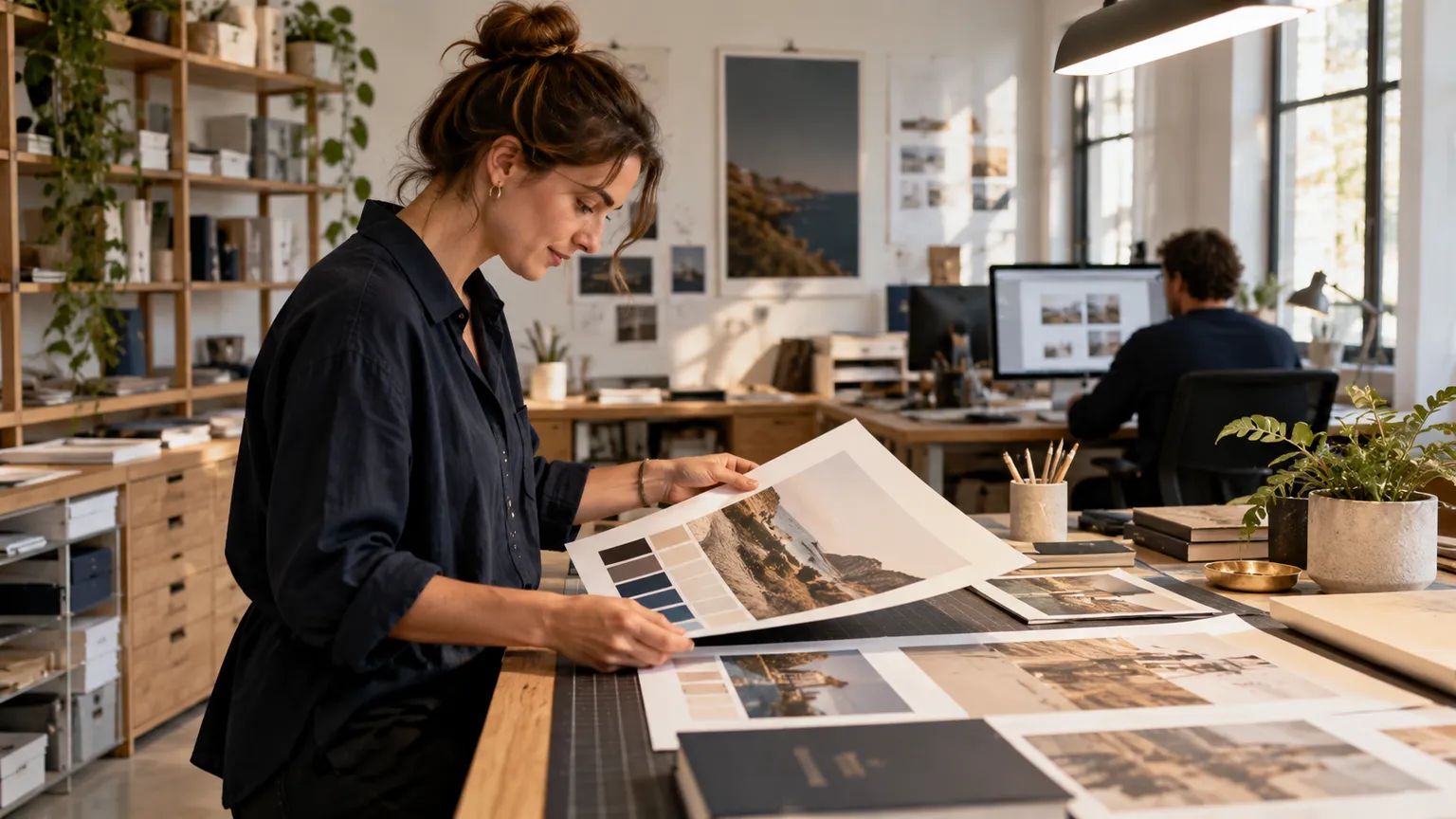 Illustration IA : Scène fictive de préparation d’un imprimé dans un atelier numérique