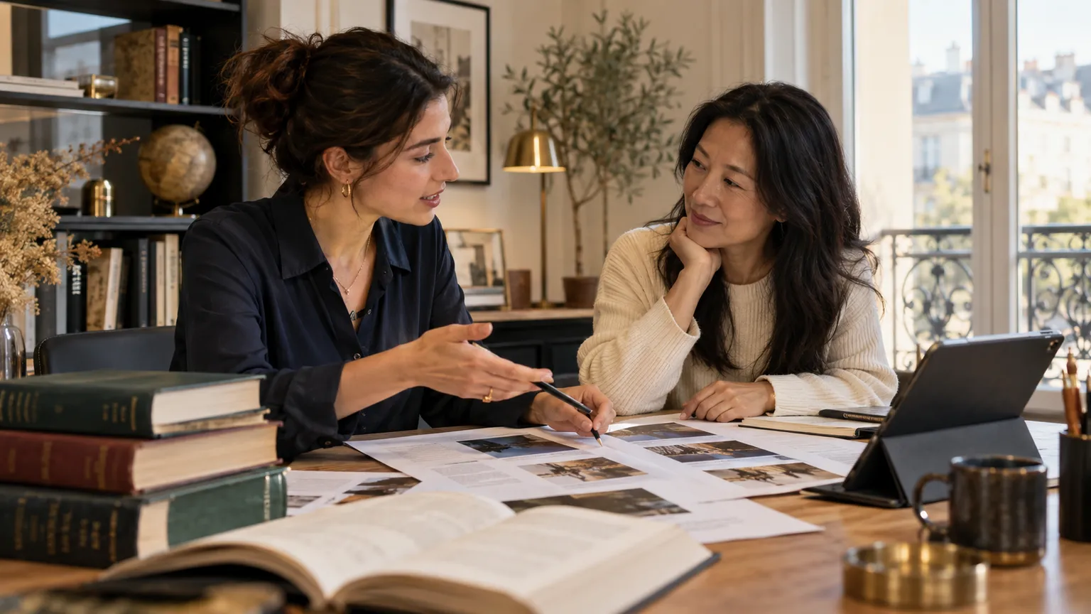 Illustration IA : Deux traducteurs fictifs relisent des versions linguistiques d’un contenu